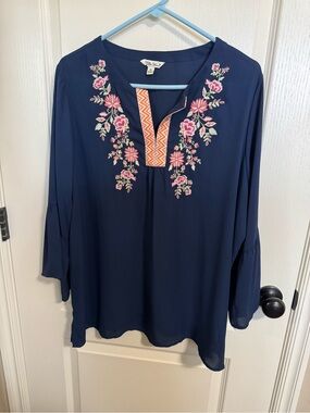 The Pioneer Woman Navy Blue Embroidered Bell Sleeve Blouse Top XL
